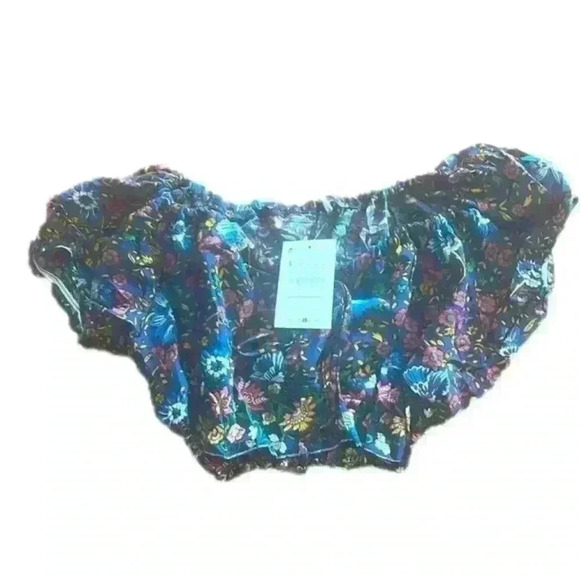 jjwm women Tops - Puffy Cinched Flounce Sleeve Boho Feminine Floral Hippie Gypsy Peasant Crop Top